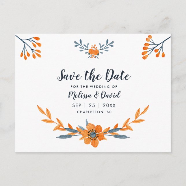Carte Postale Faire-part Mariage Floral Aquarelle Bleu Orange Romantique (Devant)