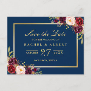 Carte Postale Faire-part Mariage Floral en or de Marsala Bourgogne Enregist