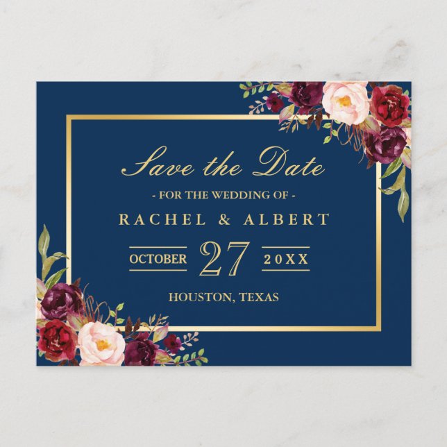 Carte Postale Faire-part Mariage Floral en or de Marsala Bourgogne Enregist (Devant)