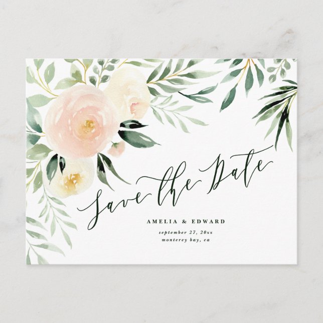 Carte Postale Faire-part Mariage floral et feuillage aquarelle pêche rose (Devant)