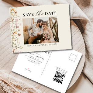 Carte Postale Faire-part Mariage Floral Fleur sauvage de code QR