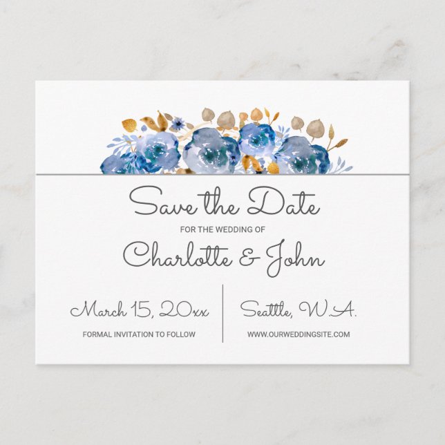 Carte Postale Faire-part Mariage Floral Or Bleu (Devant)