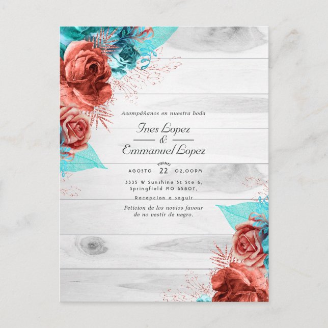 Carte Postale Faire-part Mariage Floral Rustique Turquoise et Corail (Devant)