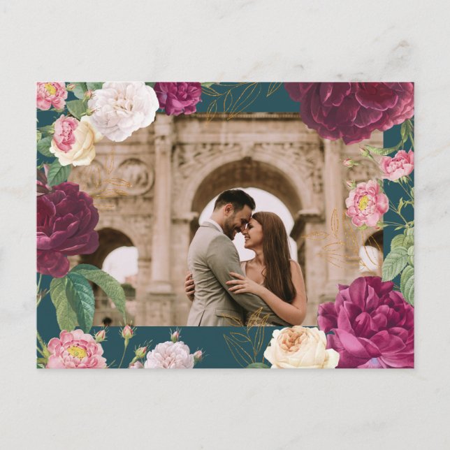 Carte Postale Faire-part Mariage floral vert émeraude et or (Devant)