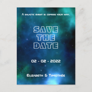 Carte Postale Faire-part Mariage Galaxie Bleue et Verte Enregistrer la Date