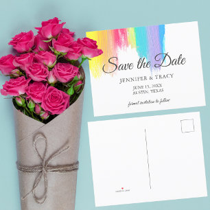 Carte Postale Faire-part Mariage Gay Pride avec des coups de pinceau aquare