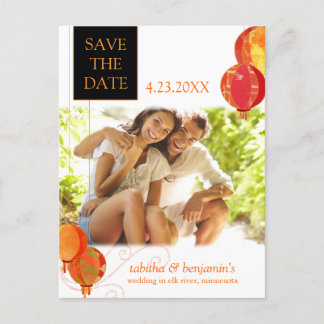 Carte Postale Faire-part Mariage Lanternes Rouges Photo Enregistrer la Date