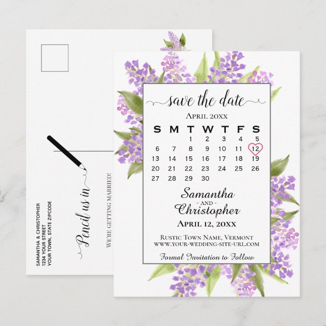 Carte Postale Faire-part Mariage Lilacs rustique Enregistrer la date Calend (Devant / Derrière)