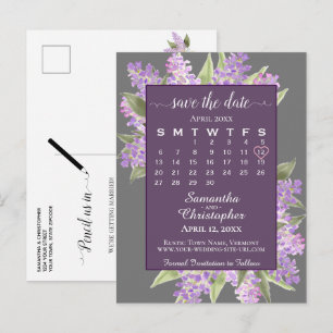 Carte Postale Faire-part Mariage Lilas Rustique Calendrier "Save the Date"