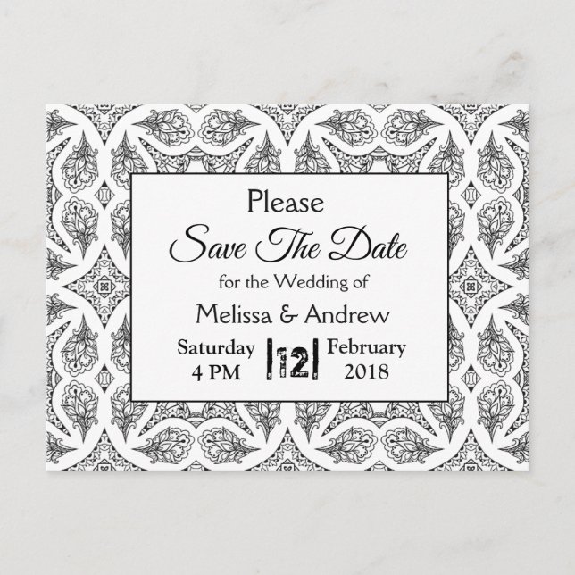 Carte Postale Faire-part Mariage Mandala noir et blanc Enregistrer la date (Devant)
