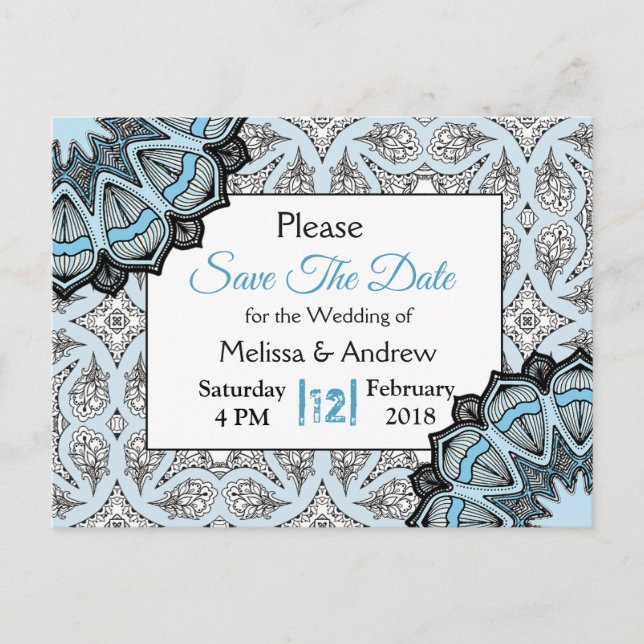 Carte Postale Faire-part Mariage Mandala Noir et Bleu Enregistrer la Date (Devant)