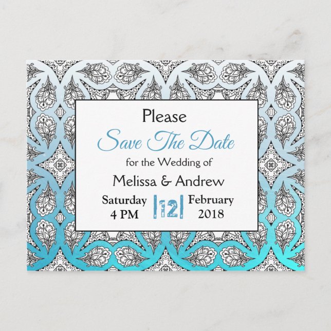 Carte Postale Faire-part Mariage Mandala Noir et Bleu Enregistrer la Date (Devant)