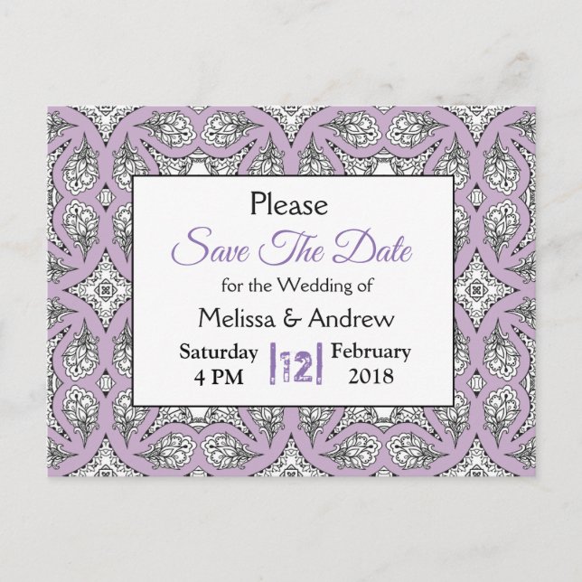 Carte Postale Faire-part Mariage Mandala noir et violet Enregistrer la date (Devant)