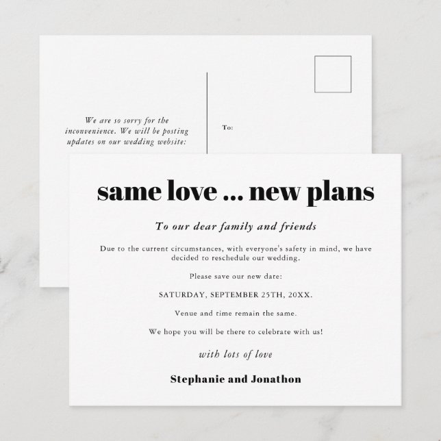 Carte Postale Faire-part Mariage Même Amour Nouveaux Projets Nouvelle Date (Devant / Derrière)