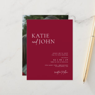 Carte Postale Faire-part Mariage Minimaliste Moderne Photo Rouge Bourgogne