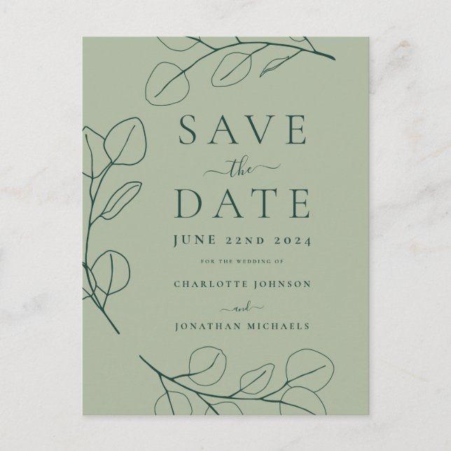 Carte Postale Faire-part Mariage Moderne Simple avec Feuillage Vert (Devant)