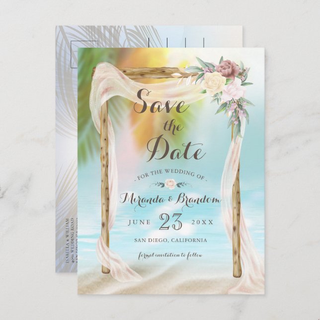 Carte Postale Faire-part Mariage Moderne sous l'Arbor de Plage Tropicale En (Devant / Derrière)