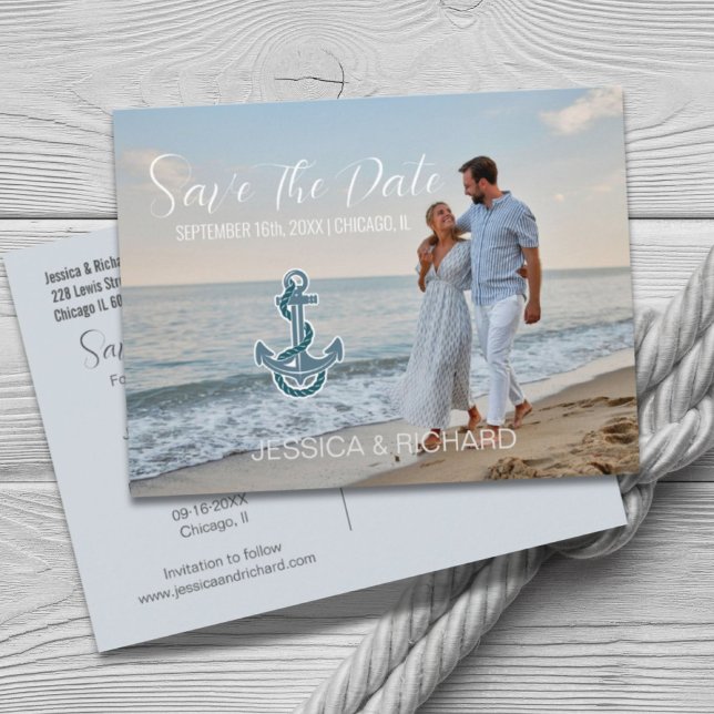 Carte Postale Faire-part Mariage Moderne Thème Marin sur la Plage Enregistr (Modern Beach Nautical Wedding Photo Save The Date Announcement Postcard)