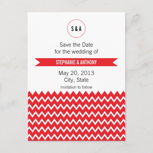 Carte Postale Faire-part Mariage Motif Monogram Red et White Chevron (Devant)