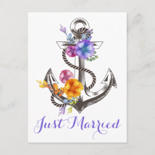 Carte Postale Faire-part Mariage nautique Ancre violette Plage juste mariée