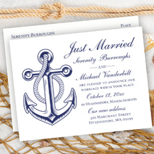 Carte Postale Faire-part Mariage Nautique Marine Ancre bleue