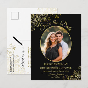Carte Postale Faire-part Mariage noir à dentelle dorée Enregistrez la date 