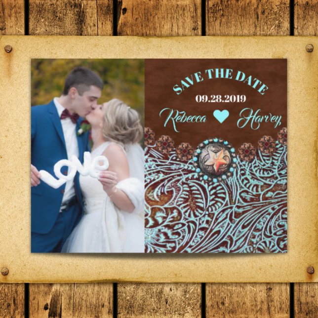 Carte Postale Faire-part mariage occidental marron turquoise enregistrer la (turquoise brown western wedding save the date announcement postcard)