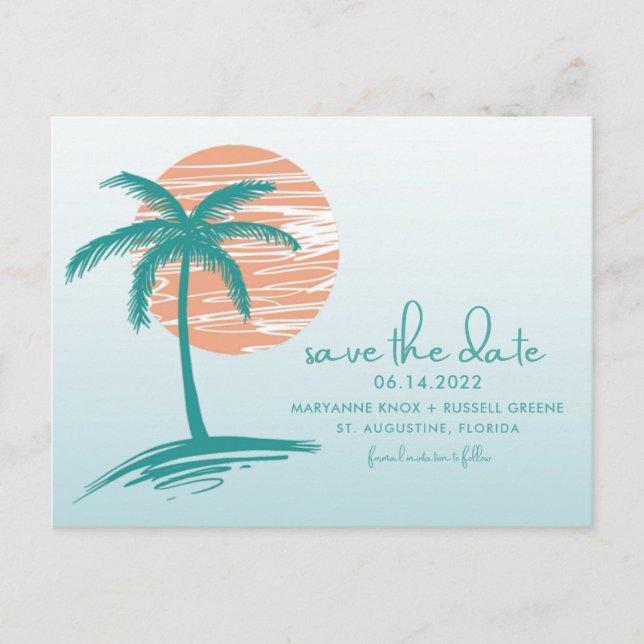 Carte Postale Faire-part Mariage Palm Tree de plage Enregistrer la date Car (Devant)