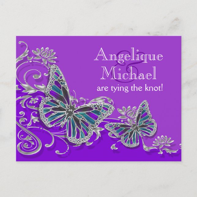 Carte Postale Faire-part Mariage papillon bleu argent pourpre (Devant)