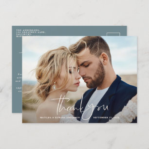 Carte Postale Faire-part Mariage photo de script merci moderne minimal bleu