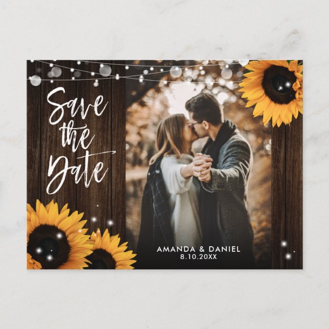 Carte Postale Faire-part Mariage photo de tournesol en bois rustique Save T (Devant)