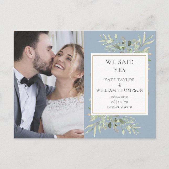 Carte Postale Faire-part Mariage photo Dusty Blue Greenery Elopement (Devant)