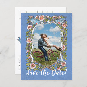 Carte Postale Faire-part Mariage photo floral aux oiseaux bleu clair Date d