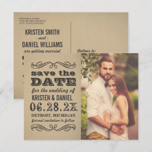 Carte Postale Faire-part Mariage Photo Kraft Vintage Enregistrer la Date