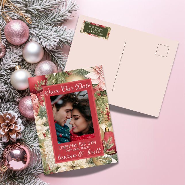 Carte Postale Faire-part Mariage photo romantique de Noël élégant (Stylish Christmas Wedding Save the Date postcard with elegant layout
)