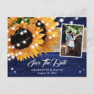 Carte Postale Faire-part Mariage Photo Tournesol Bois Bleu Marine