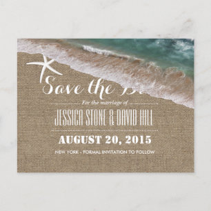 Carte Postale Faire-part Mariage plage Burlap & Starfish Enregistrer la dat