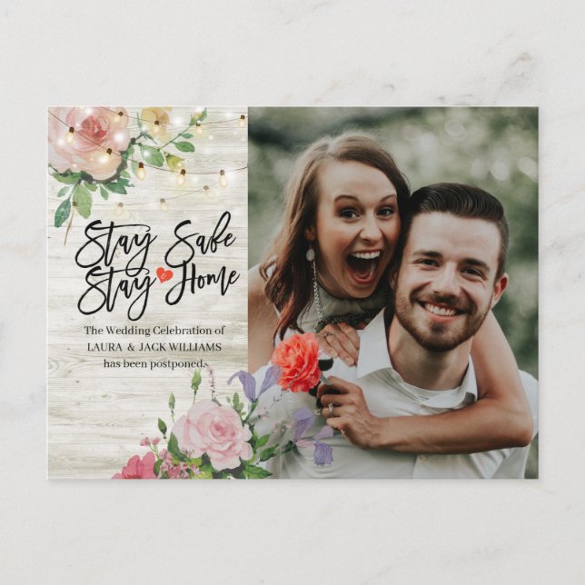 Carte Postale Faire-part Mariage Postponction Restez à la maison et restez  (Devant)