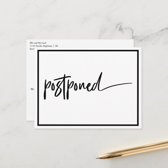 Carte Postale Faire-part Mariage Reporté Noir Blanc Moderne (Devant/Arrière en situation)