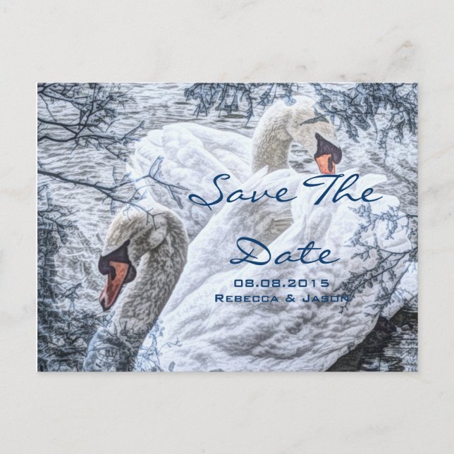 Carte Postale Faire-part mariage romantique lac d'hiver cygne blanc (Devant)