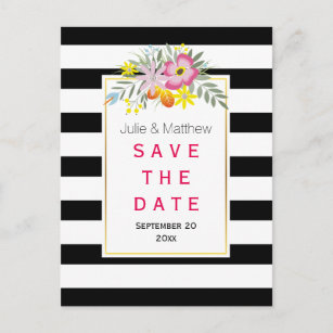 Carte Postale Faire-part Mariage rose fleurs & rayures Enregistrer la date