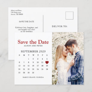 Carte Postale Faire-part Mariage rouge Enregistrer la photo Calendrier Date