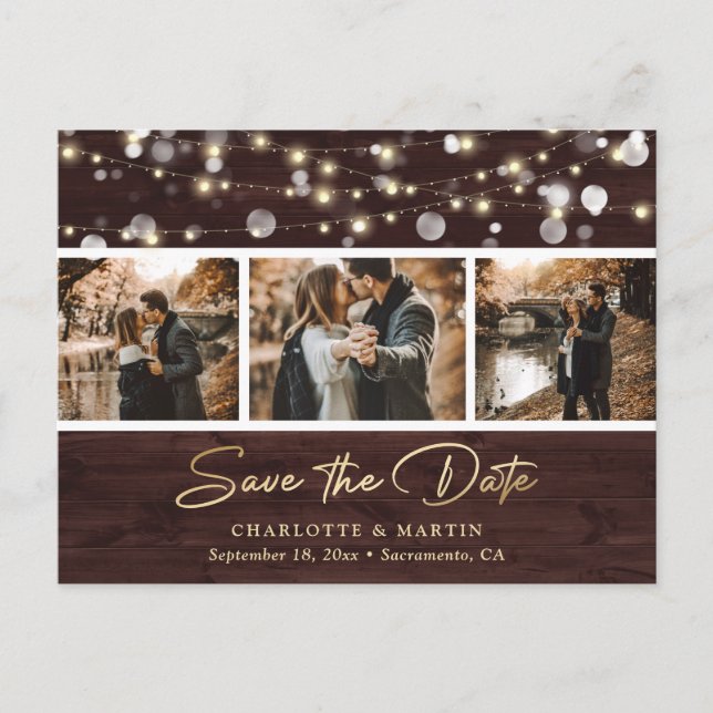 Carte Postale Faire-part Mariage Rustic Wood Gold Photo Enregistrer La Date (Devant)