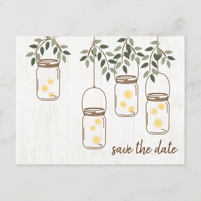 Carte Postale Faire-part Mariage rustique au pot Mason et lucioles (Devant)