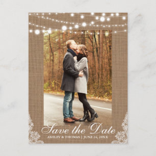 Carte Postale Faire-part Mariage rustique Burlap Lights Enregistrer la date