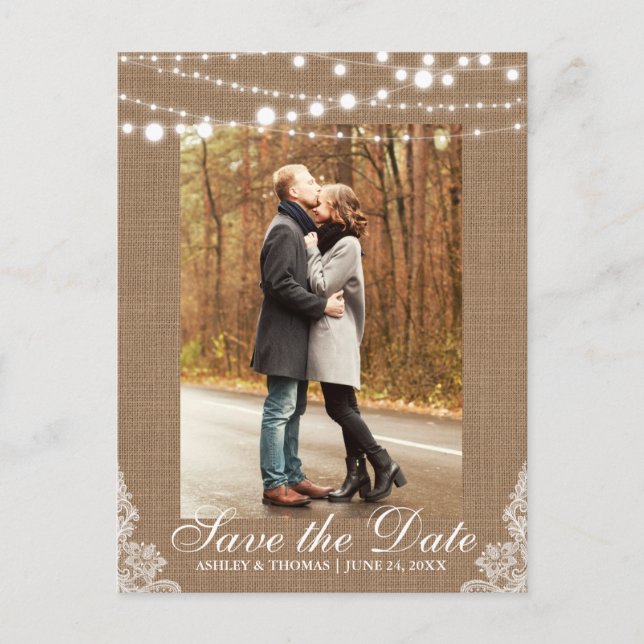 Carte Postale Faire-part Mariage rustique Burlap Lights Enregistrer la date (Devant)