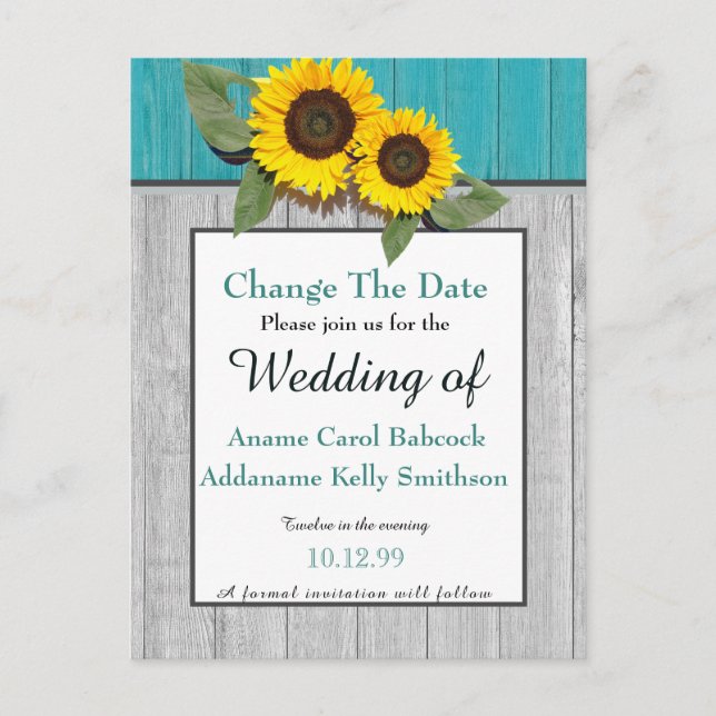 Carte Postale Faire-part Mariage rustique Chic Bois Gris Turquoise Tourneso (Devant)