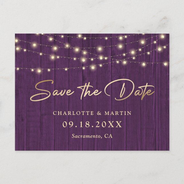 Carte Postale Faire-part Mariage Rustique Chic Purple Bois Sauver La Date (Devant)