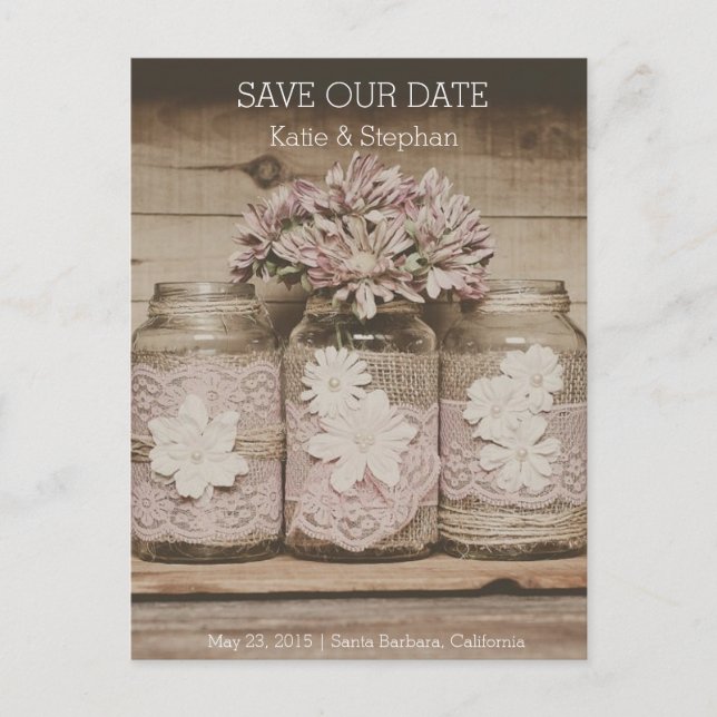 Carte Postale Faire-part Mariage rustique Lace Jars ENREGISTRER LA DATE Car (Devant)