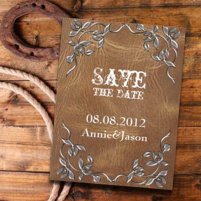 Carte Postale Faire-part mariage rustique occidental en cuir save the date (rustic Western Leather Wedding save the date Announcement Postcard)